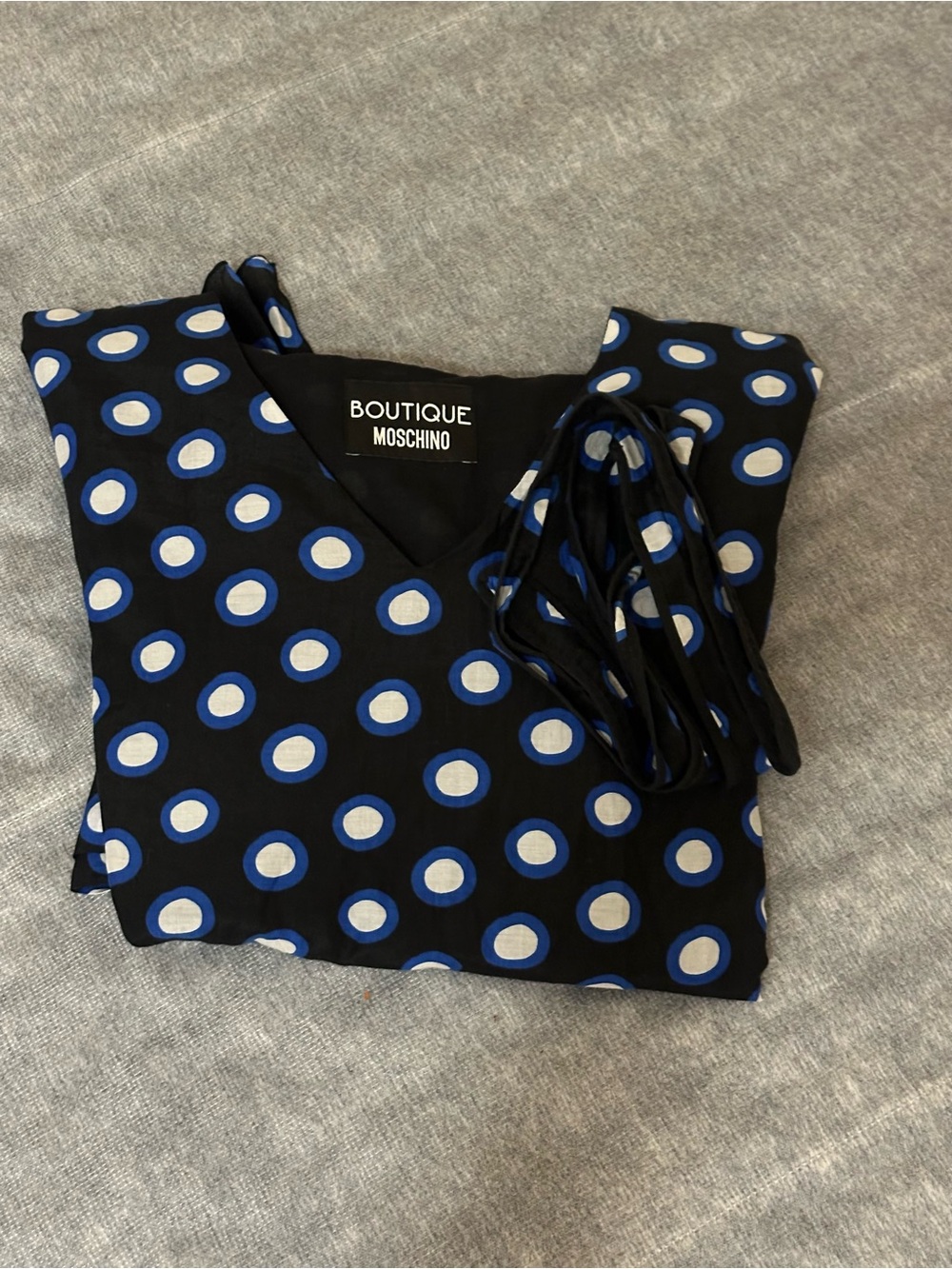 Moschino Black V-Neck Blouse with Blue and White Polka Dots